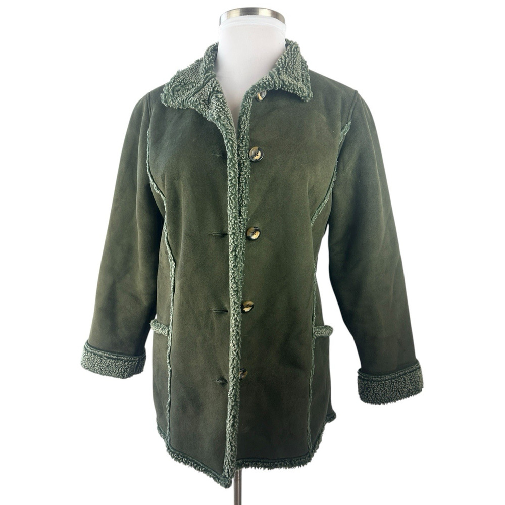 L.L. Bean Womens Medium Sherpa Fleece Lined Green Coat Jacket Button Front - Picture 2 of 14